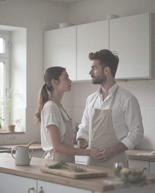 Pareja joven en la cocina de su casa