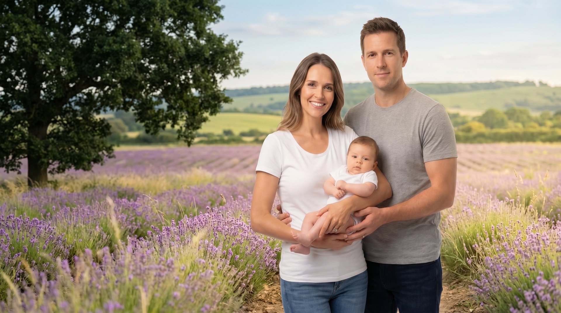 Pareja con su bebé en un campo de lavanda