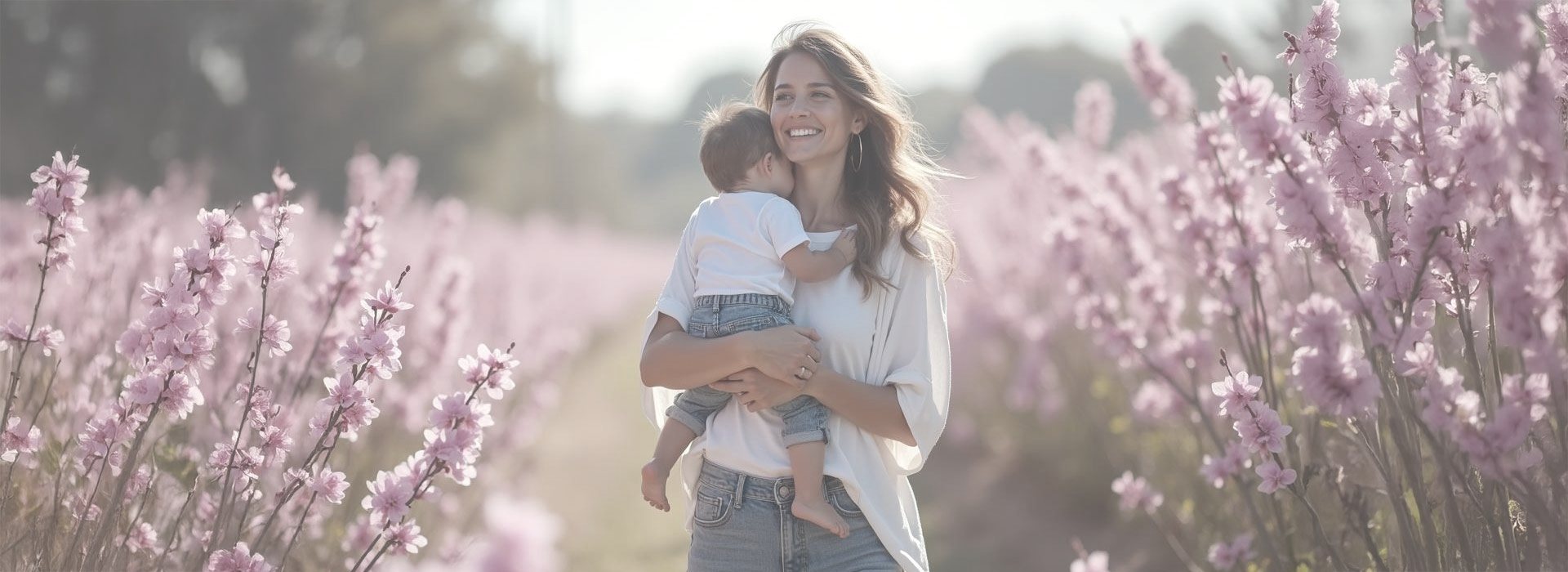 Madre con su bebé en un campo de almendros en flor