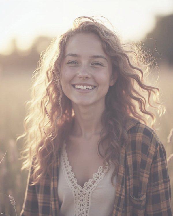 Mujer joven sonriendo en un campo al atardecer